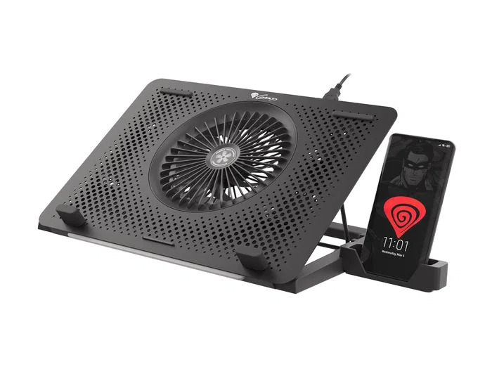 Genesis OXID 450 RGB Base Refrigeradora para Portátil hasta 15.6", con 5 Ventiladores, HUB USB, Soporte de Teléfono y Ajuste de Altura - Negro