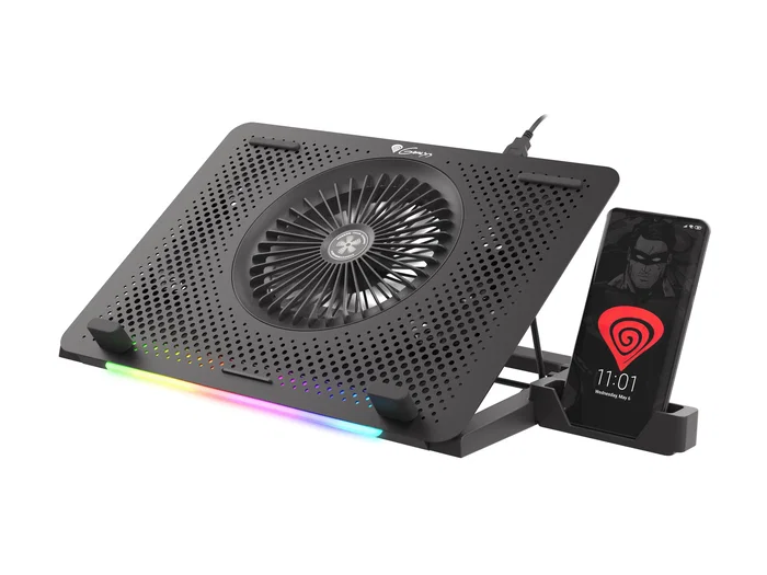 Genesis OXID 450 RGB Base Refrigeradora para Portátil hasta 15.6", con 5 Ventiladores, HUB USB, Soporte de Teléfono y Ajuste de Altura - Negro