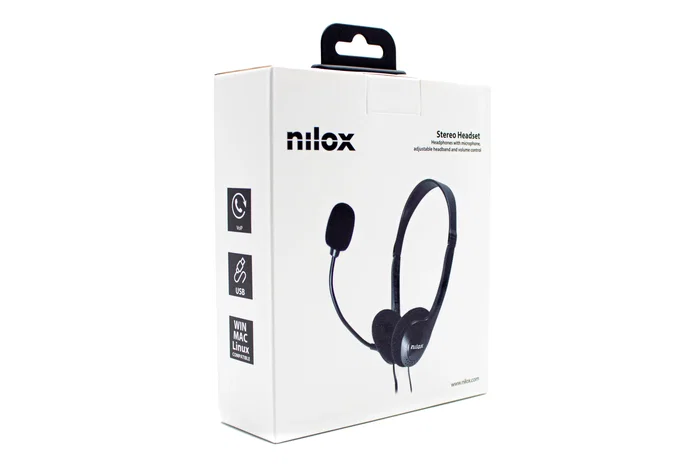 Nilox NXAU0000002 - Auriculares de diadema con micrófono para oficina, alámbrico con conexión USB, con cancelación de ruido y plegables, color negro