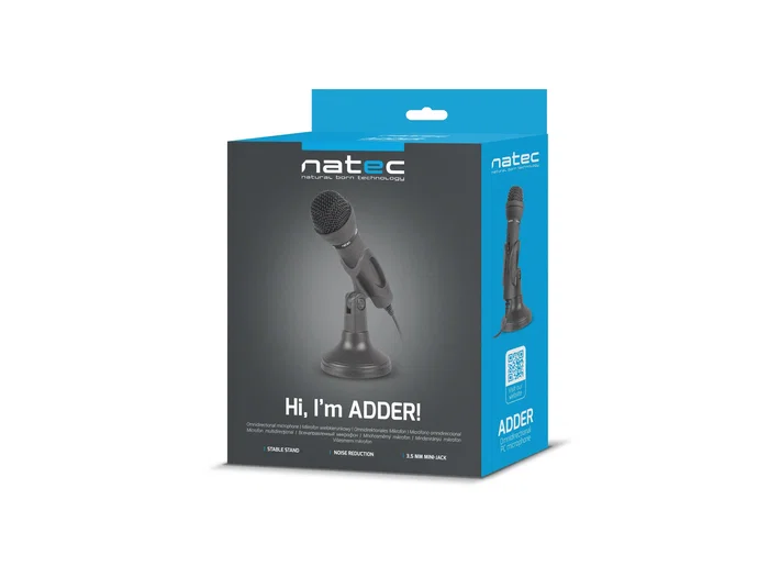 Natec Adder Micrófono de Conferencias Negro Omnidireccional, Condensador, -55 dB, 20-20000 Hz, 3.5 mm, 1.8 m, Interruptor On/Off