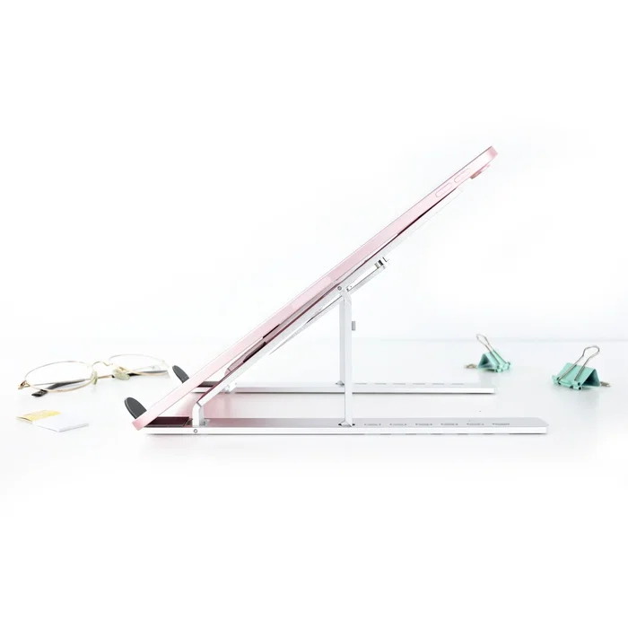 Tooq TQLRS0033-AL Soporte Elevador Plegable para Portátil y Tablet, Ajustable 7 Alturas, Base Antideslizante, para Pantallas de 11" a 15" (Hasta 5 kg), Color Plata