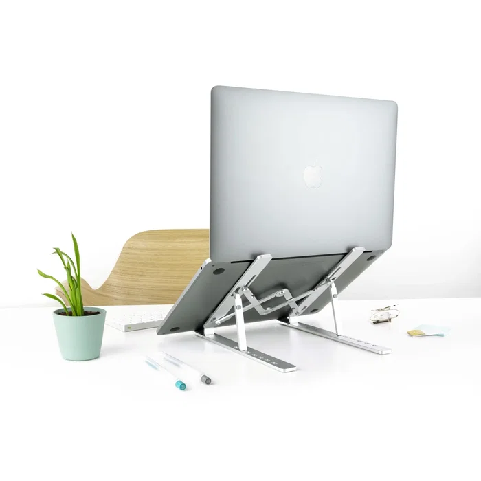 Tooq TQLRS0033-AL Soporte Elevador Plegable para Portátil y Tablet, Ajustable 7 Alturas, Base Antideslizante, para Pantallas de 11" a 15" (Hasta 5 kg), Color Plata