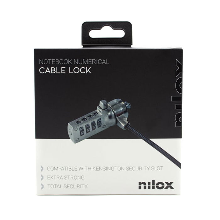 Nilox Combinación 4 - Candado de Seguridad Portátil con Cable de 1.8 m, Sistema Antirrobo Kensington K-Slot, Acero, Negro