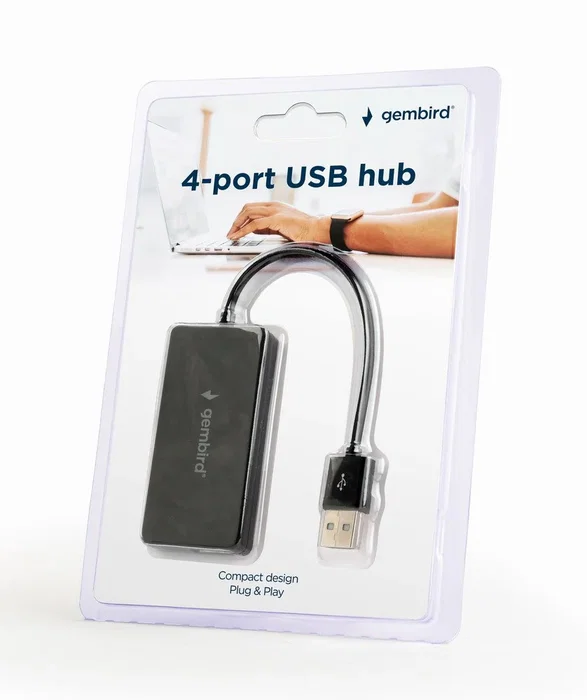 Gembird UHB-U2P4-04 Hub USB 2.0 de 4 Puertos, 480 Mbit/s, Negro - Plug & Play, Diseño Compacto
