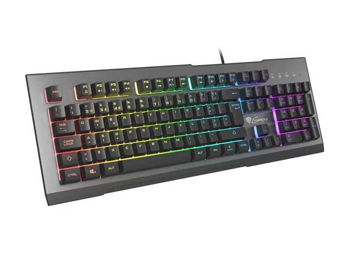 Genesis Rhod 500 - Teclado Gaming USB Alámbrico Retroiluminado RGB, Switch de Membrana, Formato Completo 104 Teclas, Distribución QWERTY Portugués, Color Negro/Plata