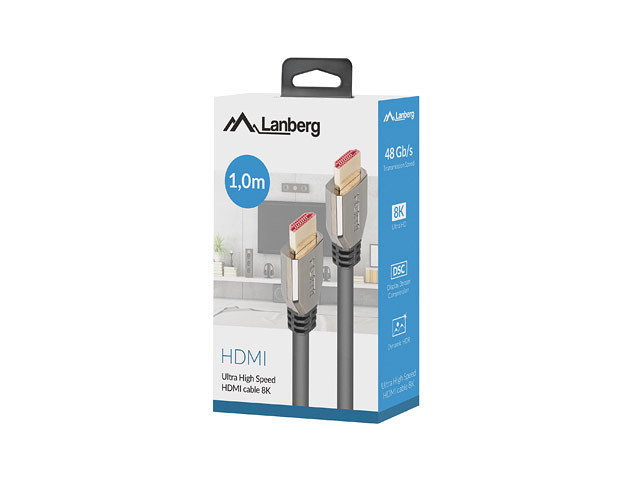 Lanberg CA-HDMI-30CU-0010-BK Cable HDMI Macho-Macho v2.1 1m 48 Gbps 8K Chapado en Oro Negro Plata