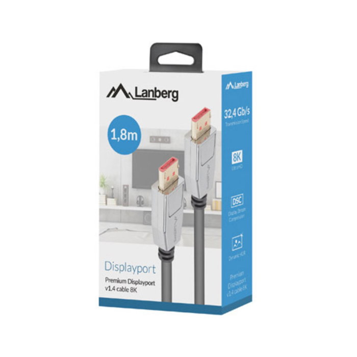 Lanberg CA-DPDP-20CU-0010-BK Cable DisplayPort 1.4 Macho-Macho 1m, Negro/Plata, 8K 7680x4320 a 240Hz, 32.4 Gbit/s Lanberg CA-DPDP-20CU-0010-BK Cable DisplayPort 1.4 Macho-Macho 1m, Negro/Plata, 8K 7680x4320 a 240Hz, 32.4 Gbit/s