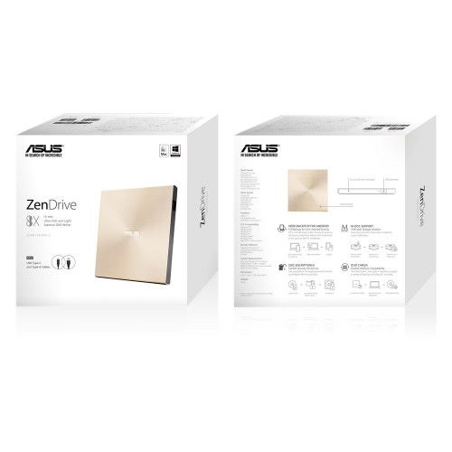 Asus ZenDrive U9M Unidad de Disco Óptico DVD±RW USB 2.0 Grabador Lector 8x DVD 24x CD Color Oro