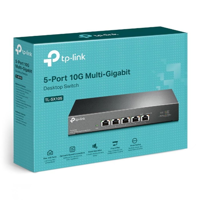 TP-Link TL-SX105 Switch de Escritorio 5 Puertos 10G Gigabit Multigigabit sin Ventilador 100Gbps 2.5G/5G/10G NAS Gaming Home Oficina Plug and Play