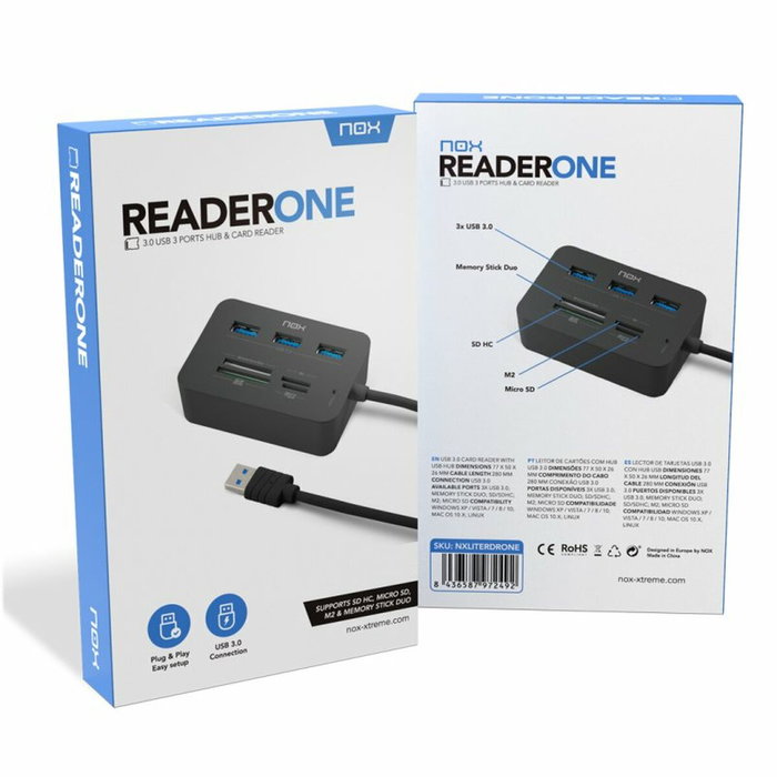 Nox Lite Reader One Hub USB 3.0 y Lector de Tarjetas Negro