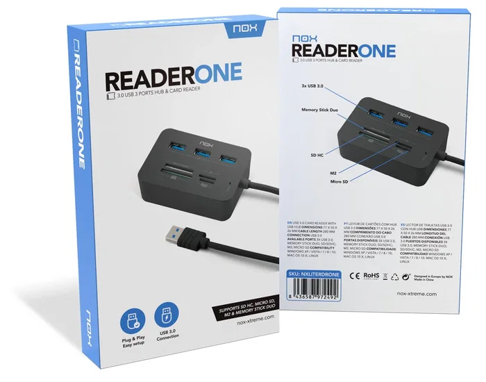 NOX Lite Reader One - Hub USB 3.2 Gen 1 y Lector de Tarjetas Externo con 3 Puertos USB 3.0 - Compatible con SD/SDHC/MicroSD/M2 - Plug & Play - Color Negro NOX Lite Reader One - Hub USB 3.2 Gen 1 y Lector de Tarjetas Externo con 3 Puertos USB 3.0 - Compatible con SD/SDHC/MicroSD/M2 - Plug & Play - Color Negro