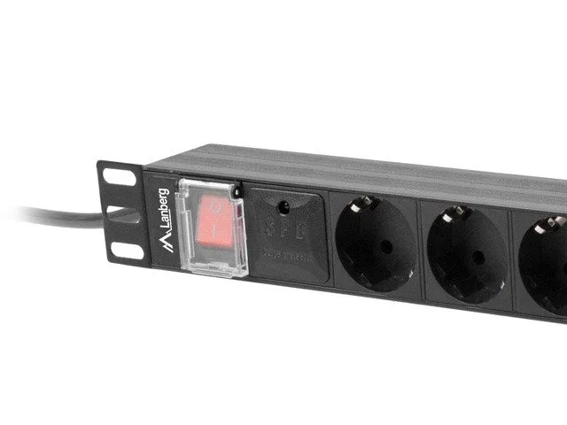 Lanberg PDU-08F-0200-BK Regleta / PDU Conmutada 1U para Rack 19", 8 Salidas Tipo F (Schuko), 16A, 2m Cable, Color Negro