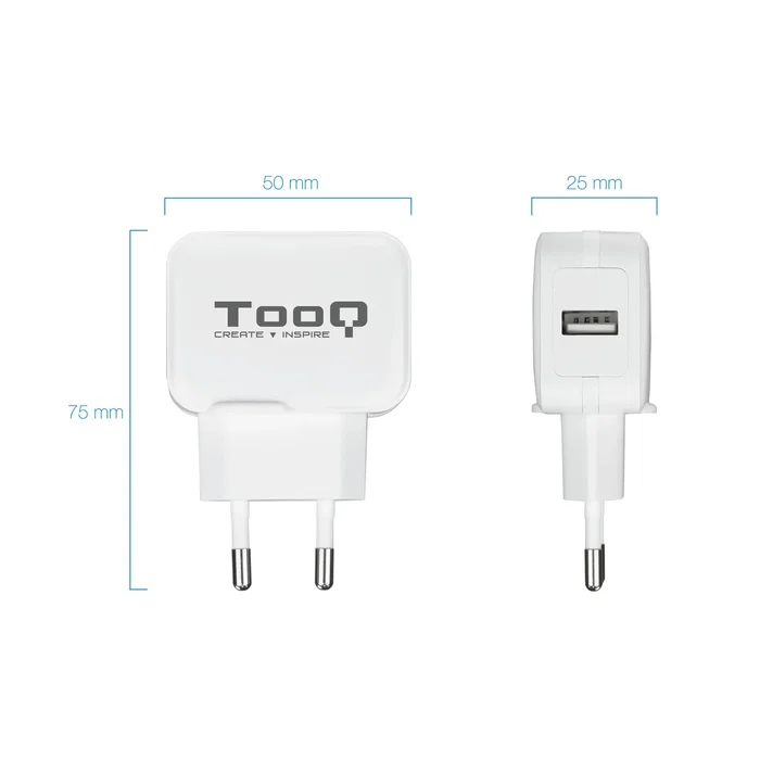 TooQ TQWC-1S01WT Cargador USB de Pared 5V 2.4A 12W 1 Puerto, Carga Rápida, Corriente Alterna, Enchufe Tipo EU, Universal para Móvil, Color Blanco TooQ TQWC-1S01WT Cargador USB de Pared 5V 2.4A 12W 1 Puerto, Carga Rápida, Corriente Alterna, Enchufe Tipo EU, Universal para Móvil, Color Blanco
