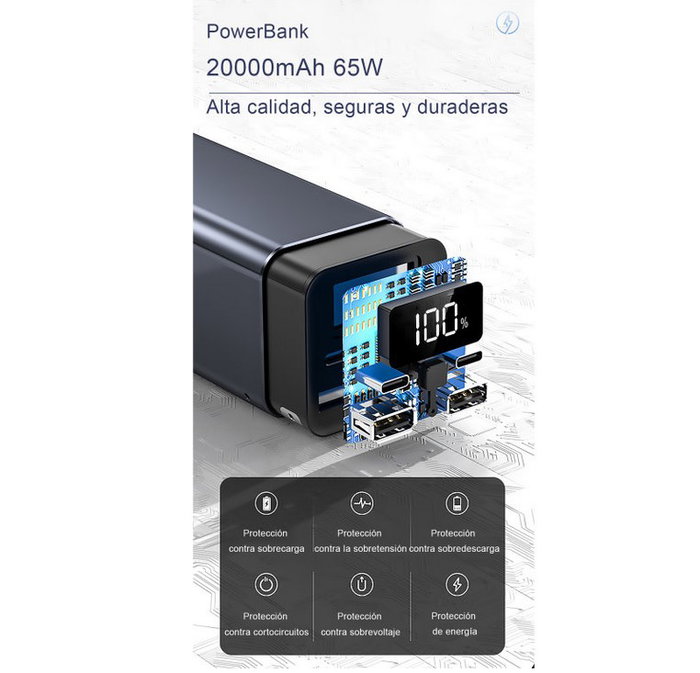 Leotec Batería Externa Portátil Powerbank 20000 mAh 65W Carga Rápida Power Delivery