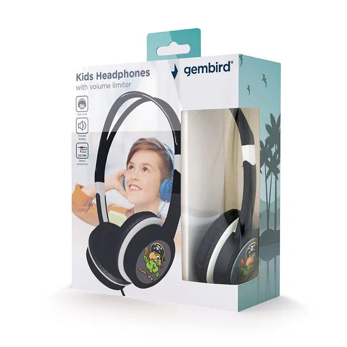 Gembird MHP-JR-BK - Auriculares Diadema para Niños con Limitador de Volumen (85 dB) Circumaural, Conector 3.5 mm, 1.2 m Cable, Negro