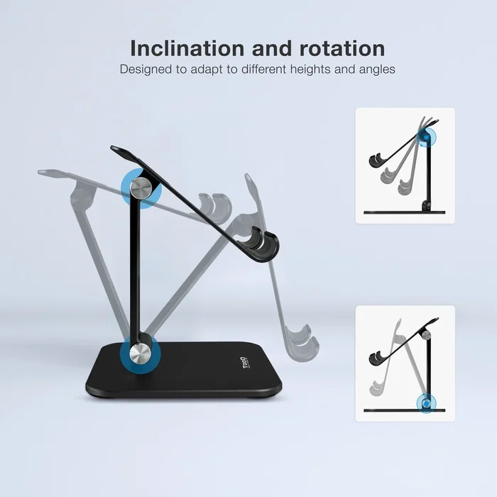 Tooq PH-HERMES-NOCHE Soporte Plegable y Ajustable para Tablet hasta 13" y Smartphone, de Sobremesa, Orientación Horizontal/Vertical, Aluminio, Negro