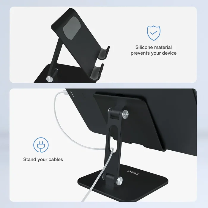 Tooq PH-HERMES-NOCHE Soporte Plegable y Ajustable para Tablet hasta 13" y Smartphone, de Sobremesa, Orientación Horizontal/Vertical, Aluminio, Negro