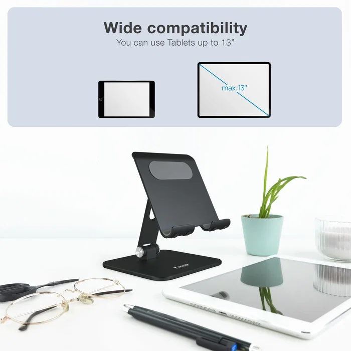 Tooq PH-HERMES-NOCHE Soporte Plegable y Ajustable para Tablet hasta 13" y Smartphone, de Sobremesa, Orientación Horizontal/Vertical, Aluminio, Negro