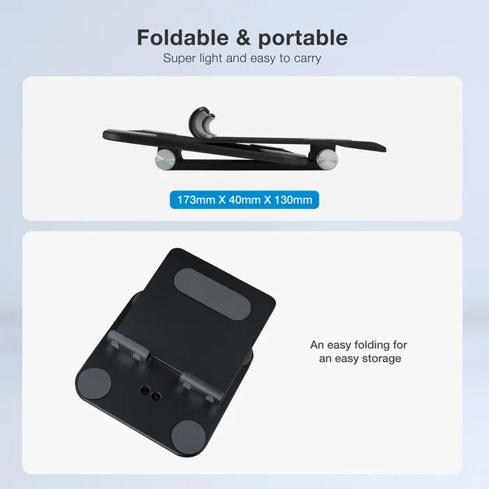 Tooq PH-HERMES-NOCHE Soporte Plegable y Ajustable para Tablet hasta 13" y Smartphone, de Sobremesa, Orientación Horizontal/Vertical, Aluminio, Negro