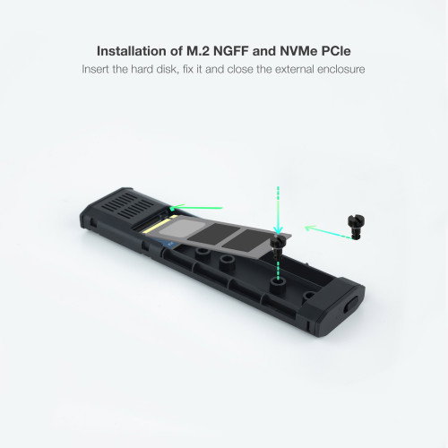 TooQ SHURA Caja Externa para Disco SSD M.2 NVMe NGFF TQE-2223B - USB 3.2 Gen 2 USB-C - Compatible 2230/2242/2260/2280 - Sin Tornillos - Negro