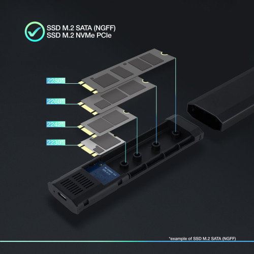 TooQ SHURA Caja Externa para Disco SSD M.2 NVMe NGFF TQE-2223B - USB 3.2 Gen 2 USB-C - Compatible 2230/2242/2260/2280 - Sin Tornillos - Negro