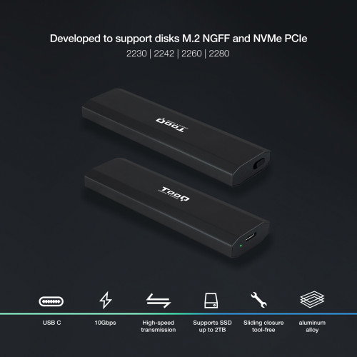 TooQ SHURA Caja Externa para Disco SSD M.2 NVMe NGFF TQE-2223B - USB 3.2 Gen 2 USB-C - Compatible 2230/2242/2260/2280 - Sin Tornillos - Negro
