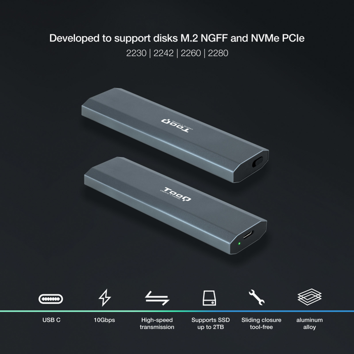 TooQ Shura Caja Externa SSD M.2 NVMe Gris 10Gbps USB-C 3.1 Gen2