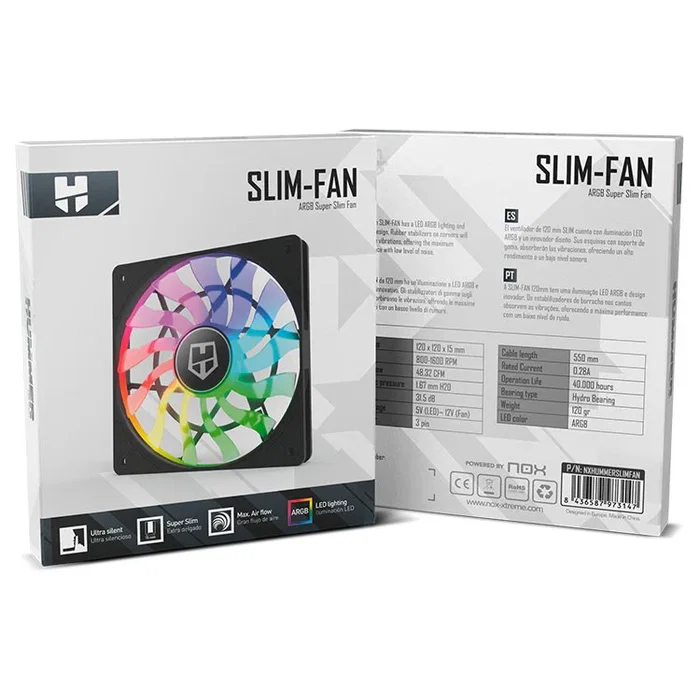 NOX Hummer SLIM FAN ARGB Ventilador para PC de 120mm, Control PWM, 13 Aspas, Silencioso, Translúcido, 1 Unidad