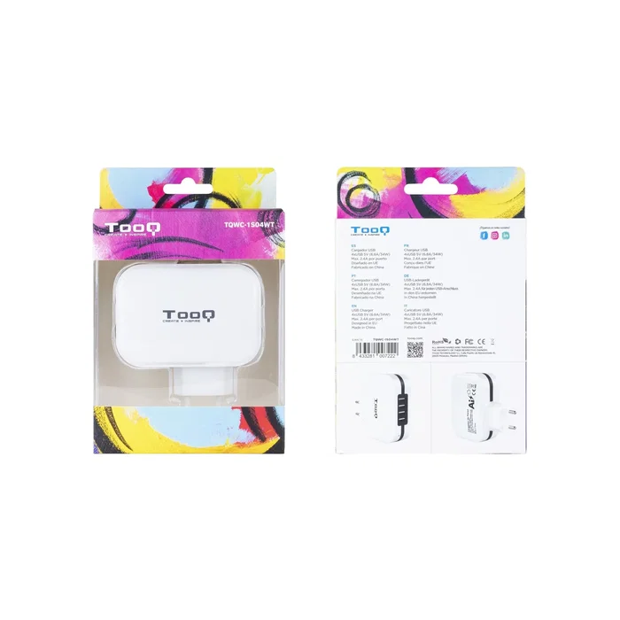 TooQ TQWC-1S04WT Cargador de Pared 34W con 4 Puertos USB (2x USB-C, 2x USB-A) con Tecnología de Carga Inteligente y Protección - Color Blanco