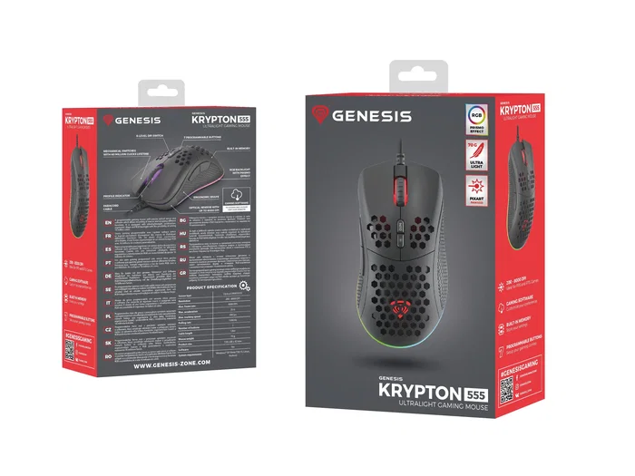 Genesis Krypton 555 Ratón Gaming para Diestros Óptico 8000 DPI Sensor Pixart PAW3333, 7 Botones Programables, 70g Ultraligero, Iluminación RGB, Cable USB - Negro