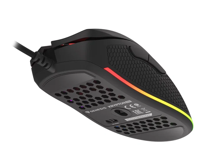 Genesis Krypton 555 Ratón Gaming para Diestros Óptico 8000 DPI Sensor Pixart PAW3333, 7 Botones Programables, 70g Ultraligero, Iluminación RGB, Cable USB - Negro