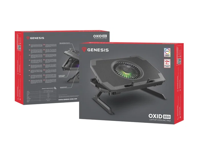Genesis Oxid 850 - Base Refrigeradora para Portátil Gaming RGB con 5 Ventiladores, Ajuste de Altura, para Pantallas hasta 17.3", USB 2.0, Negro