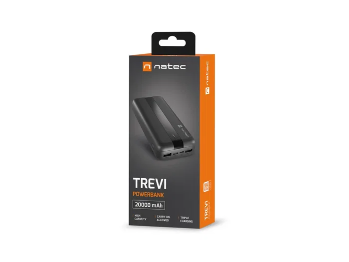 Natec Trevi Power Bank 20000 mAh Carga Rápida Powerbank con 2 Puertos USB-A + 1 Puerto USB-C, Color Negro