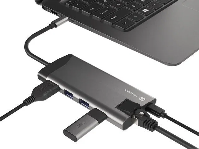 Natec Fowler Plus Hub USB-C con 3 Puertos USB 3.0, HDMI 4K, RJ45 Ethernet, Lector SD/MicroSD y Power Delivery - Negro/Gris