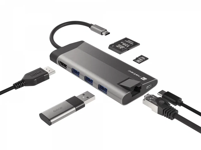 Natec Fowler Plus Hub USB-C con 3 Puertos USB 3.0, HDMI 4K, RJ45 Ethernet, Lector SD/MicroSD y Power Delivery - Negro/Gris