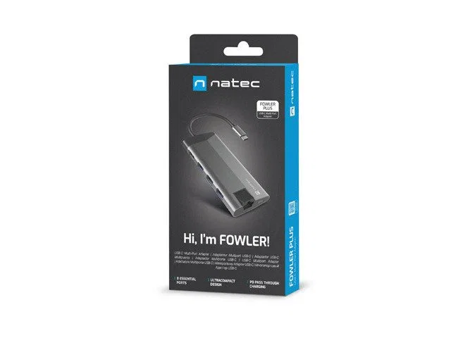 Natec Fowler Plus Hub USB-C con 3 Puertos USB 3.0, HDMI 4K, RJ45 Ethernet, Lector SD/MicroSD y Power Delivery - Negro/Gris