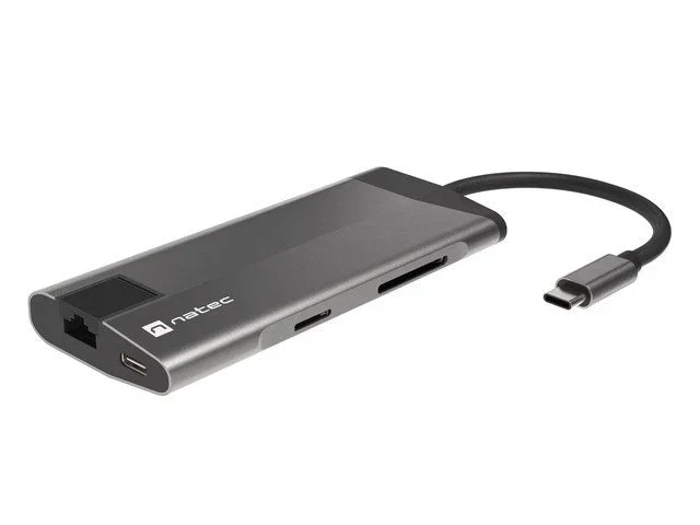 Natec Fowler Plus Hub USB-C con 3 Puertos USB 3.0, HDMI 4K, RJ45 Ethernet, Lector SD/MicroSD y Power Delivery - Negro/Gris