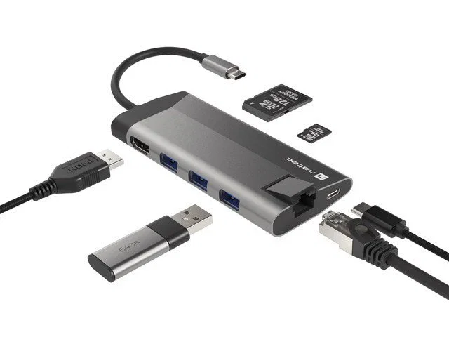 Natec Fowler Plus Hub USB-C con 3 Puertos USB 3.0, HDMI 4K, RJ45 Ethernet, Lector SD/MicroSD y Power Delivery - Negro/Gris