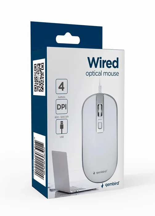 Gembird MUS-4B-06-WS Ratón Óptico USB para Oficina, Ambidiestro, 4 Botones, 1200 DPI, Cable 1.35m, Blanco/Plata