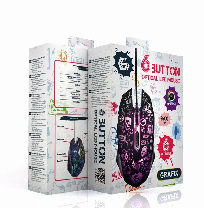 Gembird MUS-6B-GRAFIX-01 - Ratón óptico para diestros, 6 botones, 1200-3600 DPI, iluminación LED multicolor, diseño ergonómico con patrón gráfico, para oficina, USB