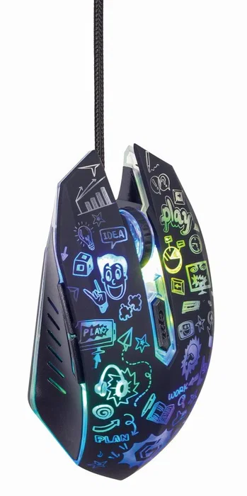 Gembird MUS-6B-GRAFIX-01 - Ratón óptico para diestros, 6 botones, 1200-3600 DPI, iluminación LED multicolor, diseño ergonómico con patrón gráfico, para oficina, USB