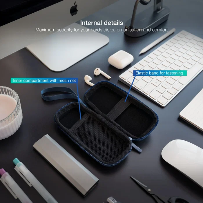 Tooq TQBC-M201PB Funda Protectora para Disco Duro Externo o SSD M.2, Marina Azul Pacífico, con Compartimento para Cables, Resistentes a Golpes