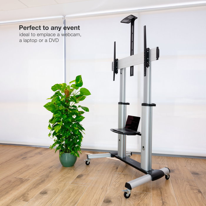 TooQ Soporte de Suelo para TV FS20300M-B, Pantallas 60-100 Pulgadas, VESA hasta 1000x600, 100 kg, Altura Ajustable 1200-1650 mm, Plata