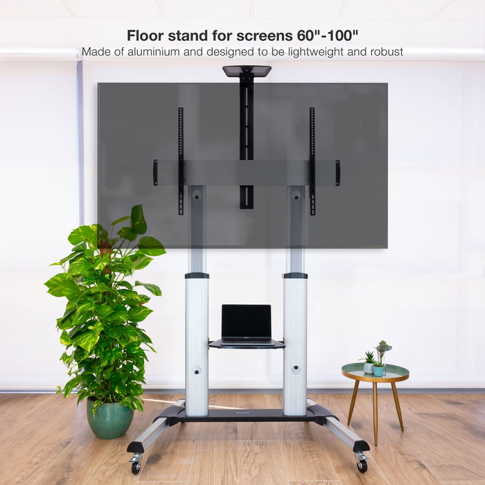 TooQ Soporte de Suelo para TV FS20300M-B, Pantallas 60-100 Pulgadas, VESA hasta 1000x600, 100 kg, Altura Ajustable 1200-1650 mm, Plata