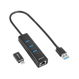 Sharkoon Hub USB 3.2 Gen 1 con 3 Puertos Tipo-A y Ethernet, Negro, Aluminio