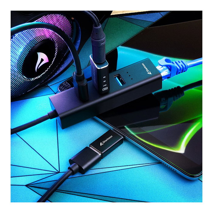 Sharkoon Hub USB 3.2 Gen 1 con 3 Puertos Tipo-A y Ethernet, Negro, Aluminio