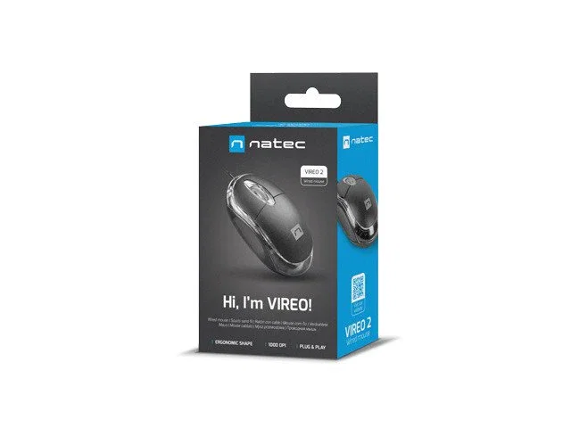 Natec Vireo 2 - Ratón Óptico USB para Oficina, 1000 DPI, 3 Botones, Cable 12.5 cm, Color Negro