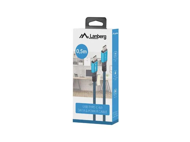 Lanberg CA-CMCM-45CU-0005-BK Cable USB-C Macho/Macho 0.5m USB4 Gen 2x2 40 Gbps PD 100W 8K 30Hz Negro/Azul