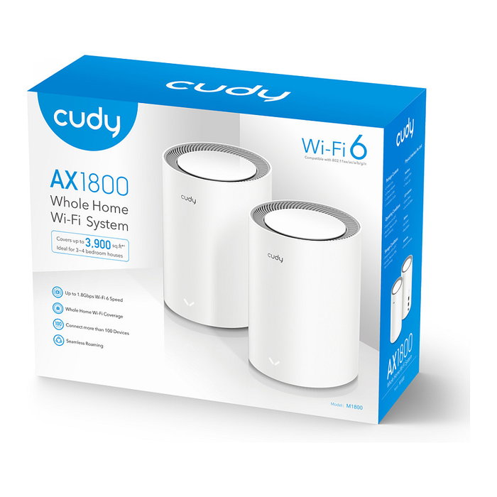 Cudy AX1800 Sistema de malla Wi-Fi 6 Doble Banda (2,4 GHz / 5 GHz) Blanco (2 unidades) Cudy AX1800 Sistema de malla Wi-Fi 6 Doble Banda (2,4 GHz / 5 GHz) Blanco (2 unidades)