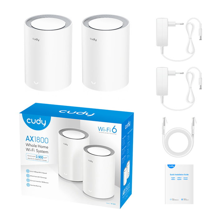 Cudy AX1800 Sistema de malla Wi-Fi 6 Doble Banda (2,4 GHz / 5 GHz) Blanco (2 unidades) Cudy AX1800 Sistema de malla Wi-Fi 6 Doble Banda (2,4 GHz / 5 GHz) Blanco (2 unidades)